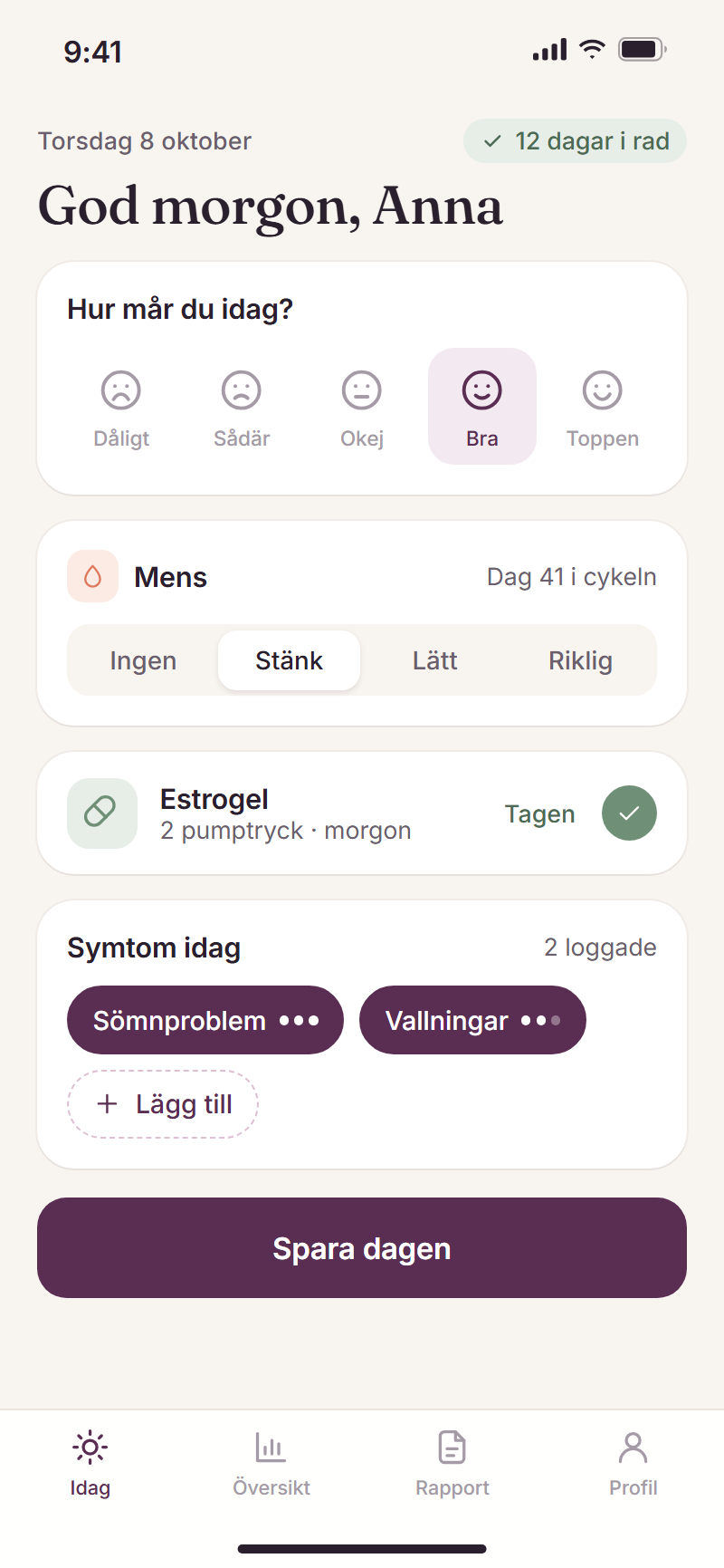 Startskärmen i Klimakoll där man loggar mående, mens, hormonbehandling och symtom